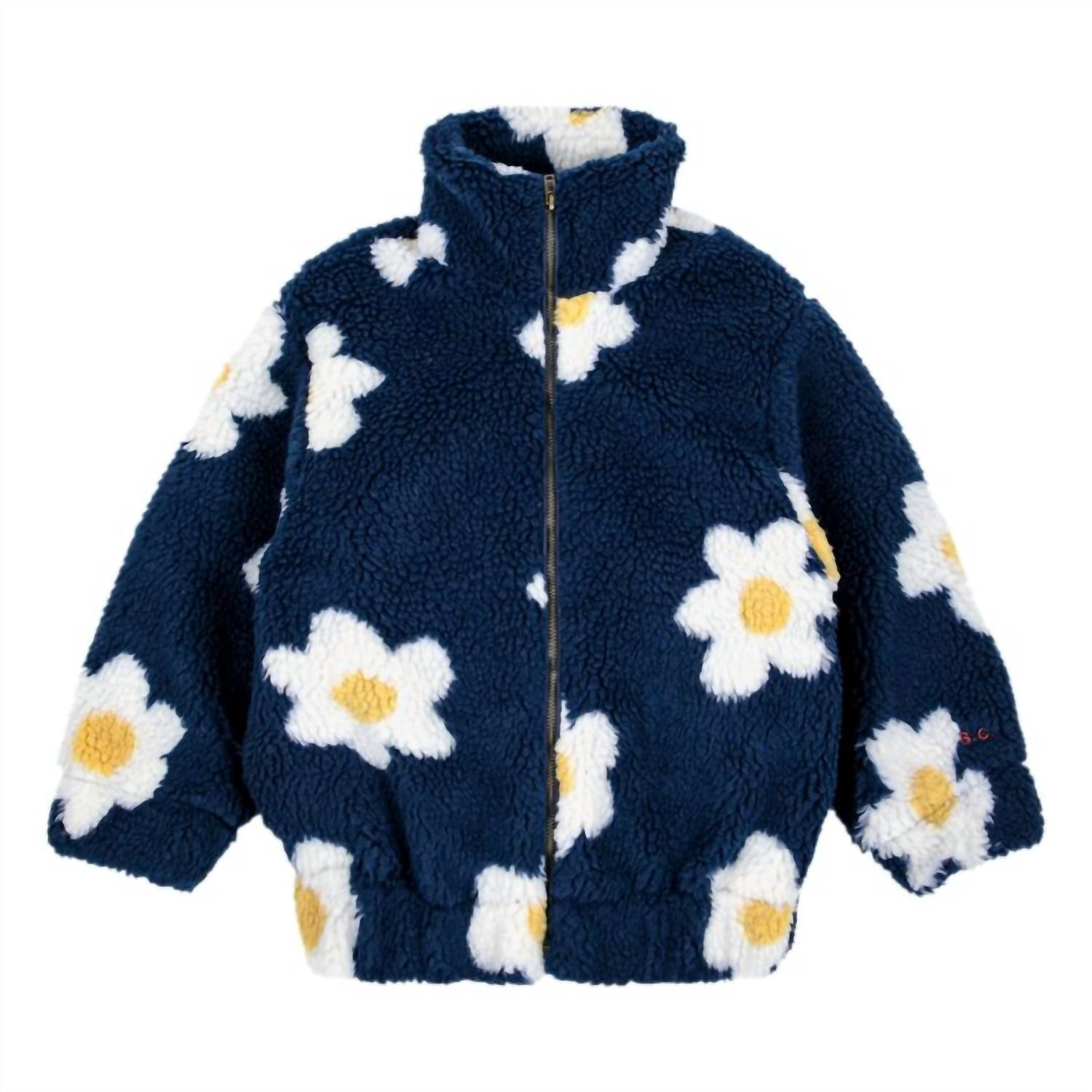 New Bobo Choses Girl's Flower Fleece Coat In Navy Blue